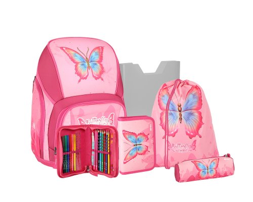 Spirit VARIO Schulranzen Set BUTTERFLY MAGIC, 5-teilig - mit extra viel Platz (26 Liter), Magnetverschluss - stabil, trotzdem leicht (ca. 980 g Leergewicht)