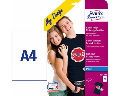 4 T-Shirt-Transferpapiere/ Textilfolie für dunkle Textilien von Avery Zweckform MD1003