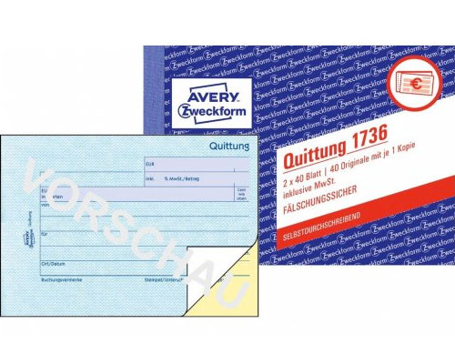 Avery Zweckform Quittungsblock 1736 - inkl. MWST - (A6 2x40 Blatt, selbstdurchschreibend)