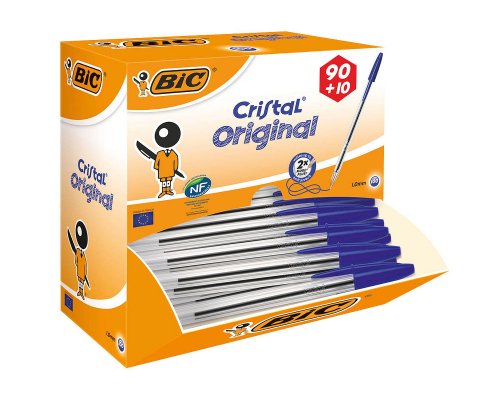 100 BIC Kugelschreiber Cristal® Medium transparent Schreibfarbe blau, (90 St. + GRATIS 10 St.)