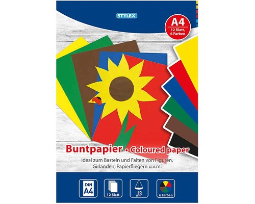 Stylex Buntpapier A4, 12 Blatt, ungummiert, 6 Farben
