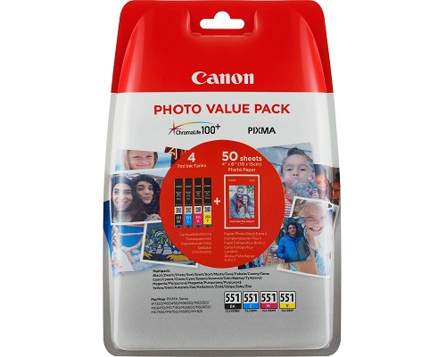 Canon CLI-551 Valuepack Fotoschwarz, Cyan, Magenta, Gelb und 50 Blatt Fotopapier jetzt kaufen
