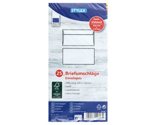 25 Briefumschläge DIN Lang, ohne Fenster, nassklebend, weiß