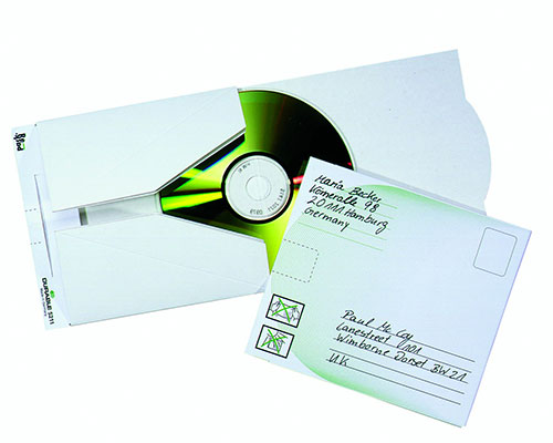 5 Durable CD/DVD-Versandtaschen MAIL mit Adressaufdruck, Verschlussetikett, Farbe weiß.