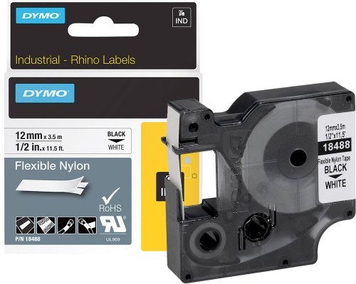Dymo Original-Schriftband 18488 für Dymo Rhino, 12 mm breit, 3,5m lang, schwarz auf weiß - Material: Nylon