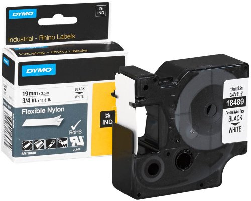 Dymo Original-Schriftband 18489 für Dymo Rhino, 19 mm breit, schwarz auf weiß - Material: Nylon
