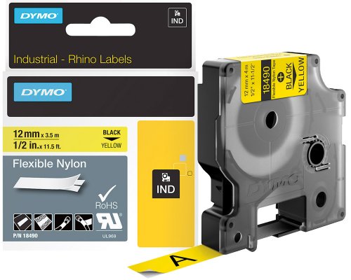 Dymo Original-Schriftband 18490 für Dymo Rhino, 12 mm breit, 3,5m lang, schwarz auf gelb - Material: Nylon