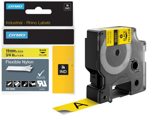 Dymo Original-Schriftband 18491 für Dymo Rhino, 19 mm breit, schwarz auf gelb - Material: Nylon