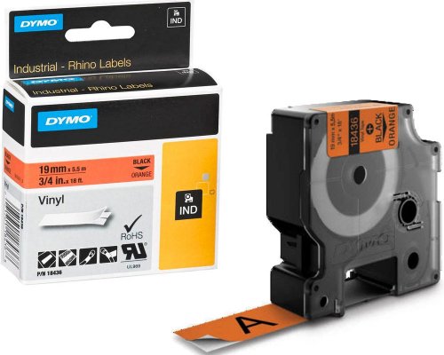 Dymo Original-Schriftband 18436 für Dymo Rhino, 19 mm breit, schwarz auf orange - Material: Vinyl
