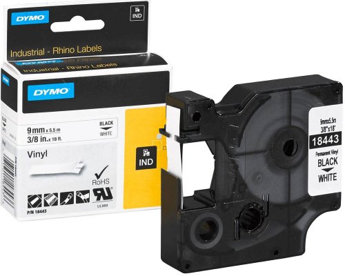 Dymo Original-Schriftband 18443 für Dymo Rhino, 9 mm breit, schwarz auf weiß - Material: Vinyl