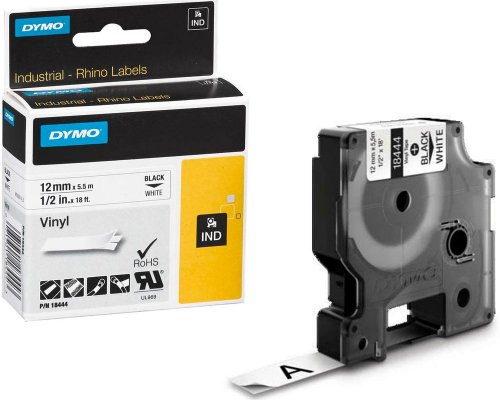 Dymo Original-Schriftband 18444 für Dymo Rhino, 12 mm breit, schwarz auf weiß - Material: Vinyl