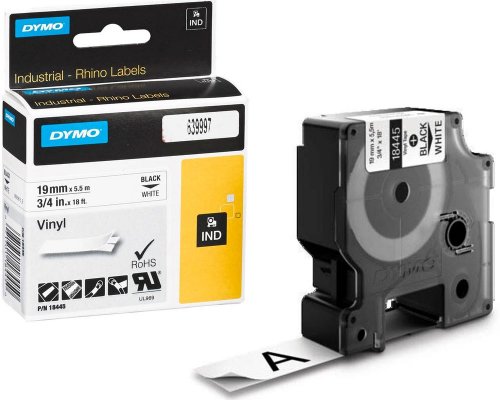 Dymo Original-Schriftband 18445 für Dymo Rhino, 19 mm breit, schwarz auf weiß - Material: Vinyl