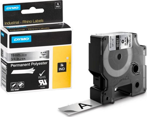 Dymo Original-Schriftband 18487 für Dymo Rhino, 19 mm breit, schwarz auf silber - Material: Polyester