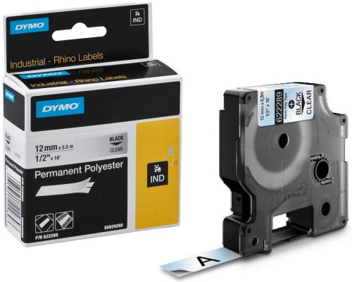 Dymo Original-Schriftband 622289 für Dymo Rhino, 12 mm breit, schwarz auf transparent - Material: Permanent Polyester
