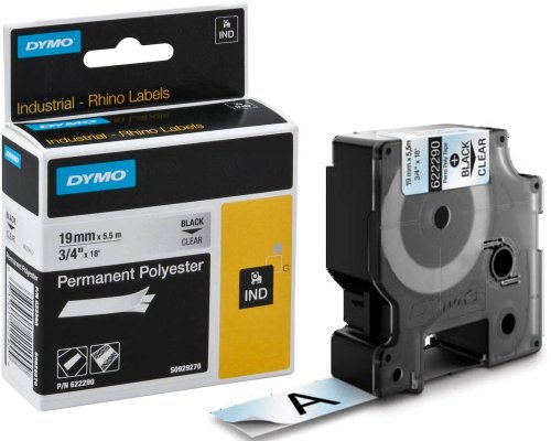 Dymo Original-Schriftband 622290 für Dymo Rhino, 19 mm breit, schwarz auf transparent - Material: Permanent Polyester