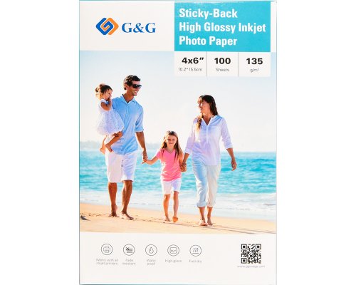 G&G Selbstklebendes Fotopapier 100 Blatt 4 x 6 Zoll, 10,2 x 15,2 cm hochglänzend 135g/m² - Aufkleber einfach selbst drucken!