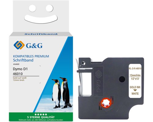 Kompatibel mit Dymo D1 Seiden Schriftband Gold auf Weiß für Dymo Label Manager / Rhino ersetzt Dymo 46010 (12mm x 7m) jetzt kaufen - Marke: G&G