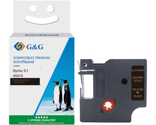 Kompatibel mit Dymo D1 Seiden Schriftband Gold auf Schwarz für Dymo Label Manager / Rhino ersetzt Dymo 46018 (12mm x 4m) jetzt kaufen - Marke: G&G