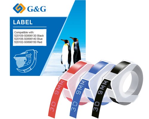 G&G Prägeband-Set 3D (schwarz, rot, blau 9mm hoch, 3m lang) kompatibel mit GG-B90, Dymo Omega und Junior / ersetzt S0898130 S0898140 S0898150