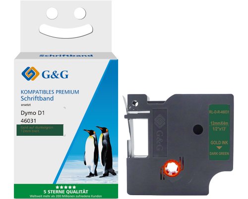 Kompatibel mit Dymo D1 Seiden Schriftband Gold auf Dunkelgrün für Dymo Label Manager / Rhino ersetzt Dymo 46031 (12mm x 4m) jetzt kaufen - Marke: G&G