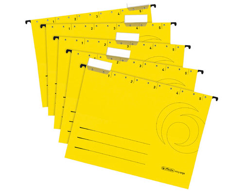 5 Hängemappen aus Karton von Herlitz, 230g, A4, mit Sichtreiter. Farbe Gelb.