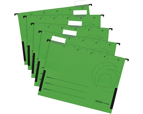 5 Hängemappen aus Karton von Herlitz, 230g, A4, mit Sichtreiter. Farbe grün.