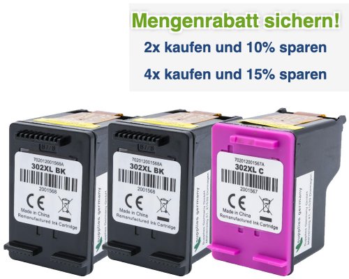 Kompatibel mit HP 302XL Druckerpatronen Multipack 2x Schwarz + 1x Farbe jetzt kaufen von TONERDUMPING