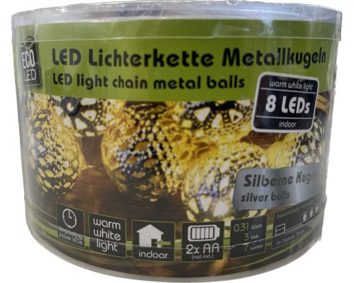 LED Lichterkette mit 8 leuchtenden Metallkugeln - Farbe: silber - batteriebetrieben - warmweißes Licht - Länge: 1 Meter
