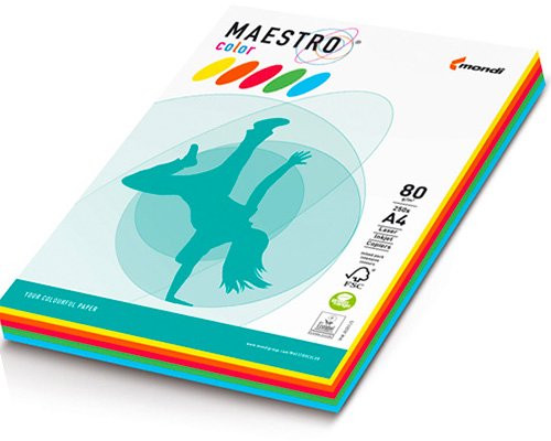 Farbiges Druckerpapier Maestro (mondi) Color Intensiv Kleinverpackung gemischt sortiert (5 x 50 Farben: Gelb, orange, dunkelrot, grün, blau)