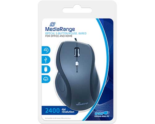 MediaRange Optische Mouse kabelgebunden USB, bis 2400 dpi, 5 Tasten, mit Scrollrad MROS202