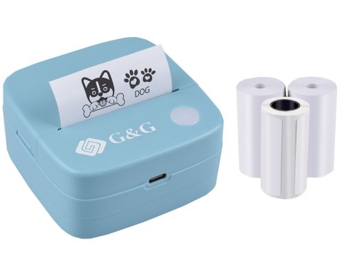 G&G Mini Drucker GA-SD001BL hellblau - inkl 4 Rollen - druckt ohne Tinte auf Thermopapier