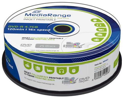 MediaRange DVD-R 4,7GB 16x vollflächig bedruckbar (Inkjet) Cake25 MR407