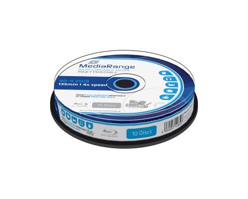 MediaRange Bluray-Disk BD-R auf Spindel (10 Stück) 25GB/ 4x speed vollflächig bedruckbar (Inkjet) MR496