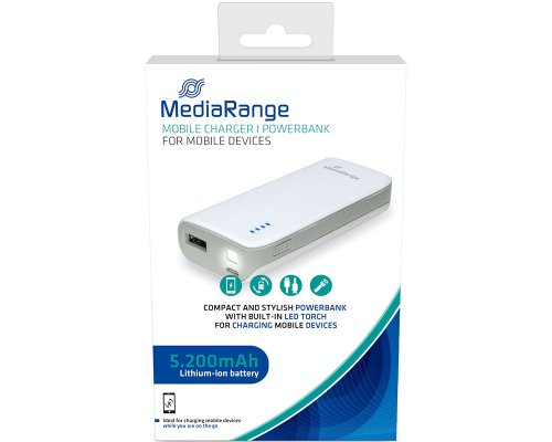 MediaRange Powerbank MR751: 5.200 mAh mit Taschenlampe (84 x 40 x 20mm, Gewicht: 110g)