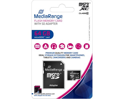 Mediarange microSDXC Speicherkarte 64GB Class 10 MR955 mit SD-Karten-Adapter