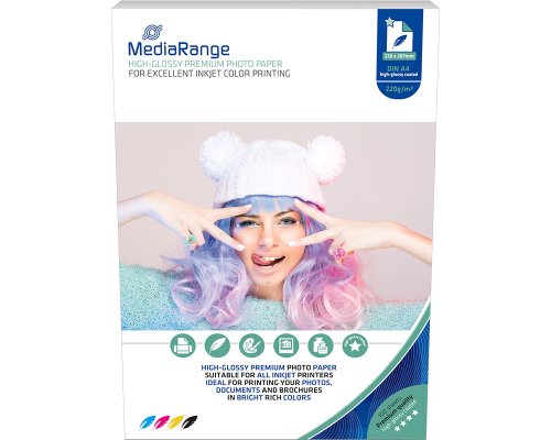 MediaRange Fotopapier für Tintenstrahldrucker A4, glänzend, 220g, 100 Blatt (MRINK103)