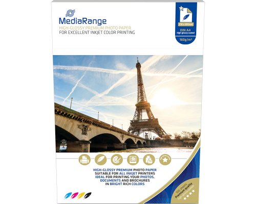 MediaRange Fotopapier für Tintenstrahldrucker A4, glänzend, 160g, 100 Blatt (MRINK105)