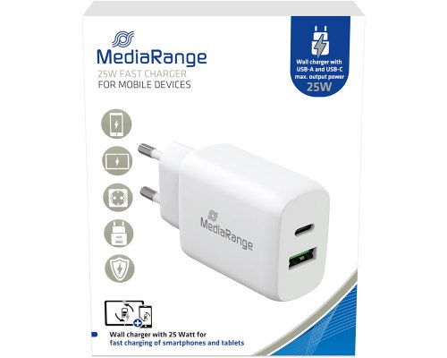 MediaRange 25W Steckdosen-Ladeadapter mit 1x USB-A und 1x USB-C Ausgang MRMA112