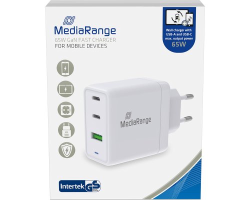 MediaRange 65W Steckdosen-Ladeadapter mit 1x USB-A und 2x USB-C Ausgang MRMA116