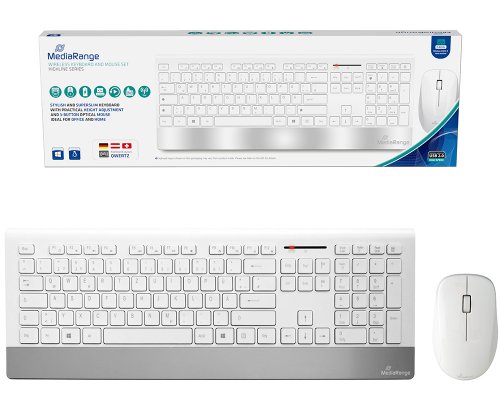 MediaRange Funk-Tastatur- und Funk-Maus-Set, Highline Serie, QWERTZ (deutsch), weiß/silber MROS106