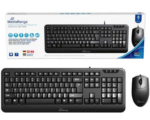 MediaRange kabelgebundenes Tastatur- und optische 3 Tasten Maus-Set, QWERTZ, schwarz MROS108