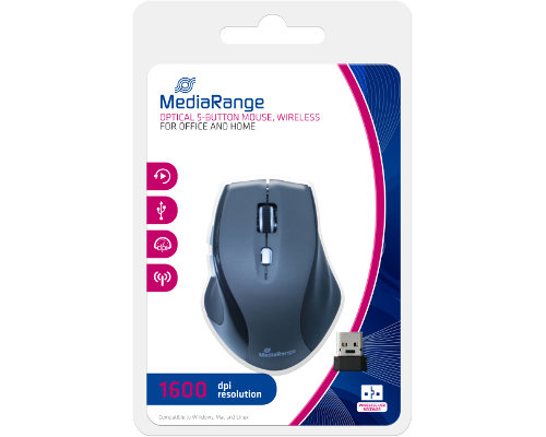 MediaRange Optische Mouse, kabellos, 800/ 1600 dpi, 5 Tasten, mit Scrollrad MROS203