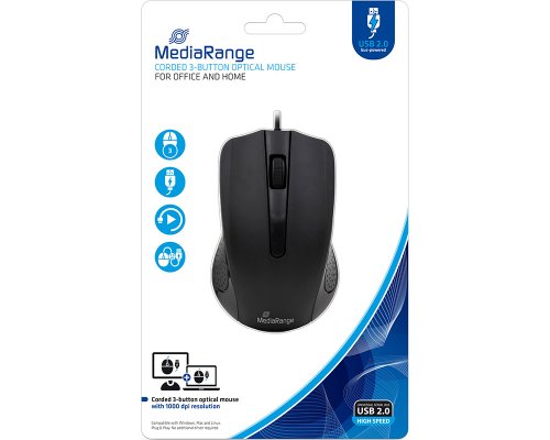 MediaRange Optische Mouse, Kabelgebunden, USB, 1000 dpi, 3 Tasten, mit Scrollrad MROS210
