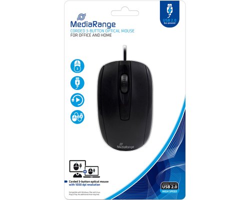 MediaRange Optische Mouse, Kabelgebunden, USB, 1000 dpi, 3 Tasten, mit Scrollrad MROS211