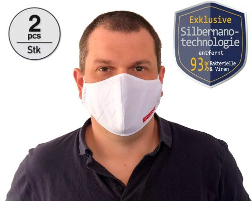 2 Antibakterielle/antivirale Atem-Schutzmasken mit Nanosilber-Technologie - dreilagig - Schutzwirkung: mind. 93 % - waschbar - mit OEKO-Tex-Siegel