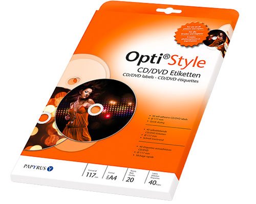 Opti Style 40 CD-Etiketten aus Papier, weiß, blickdicht (auf 20 Blätter A4, Durchmesser außen: 117 mm) für Tinte und Laserdruck geeignet
