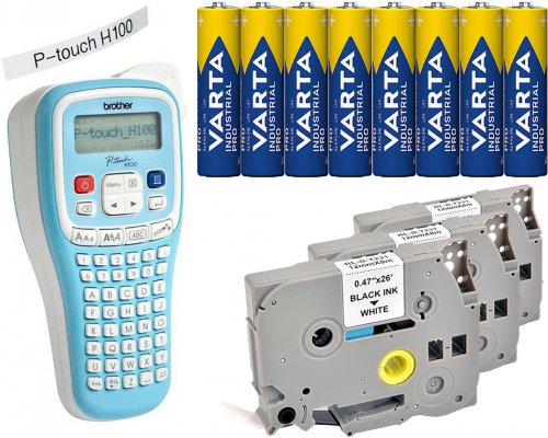 Brother P-Touch H100LB Set (Beschriftungsgerät, Original-Starter-Schriftband, 3 + G&G Schriftbänder, 8 AAA Varta-Batterien)