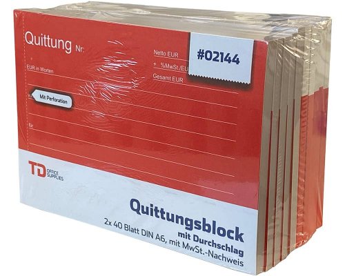 10 Quittungsblöcke A6 - MWST separat ausgewiesen mit Durchschlag (A6 2x40Blatt, selbstdurchschreibend)