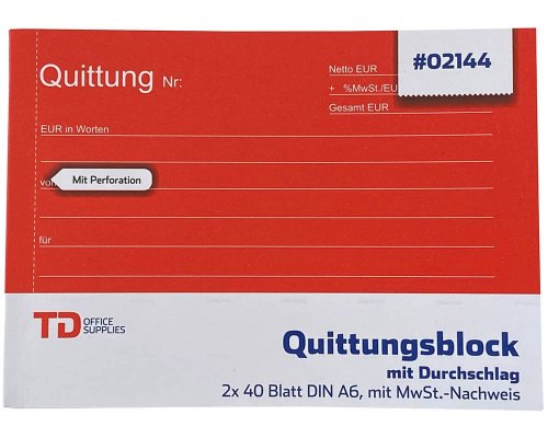 Quittungsblock A6 - MWST separat ausgewiesen mit Durchschlag (A6 2x40Blatt, selbstdurchschreibend)
