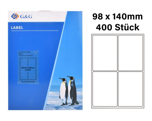 G&G 400 Etiketten 98 x 140 mm (auf 100 Blätter A4) für Tintenstrahl- und Laserdrucker geeignet
